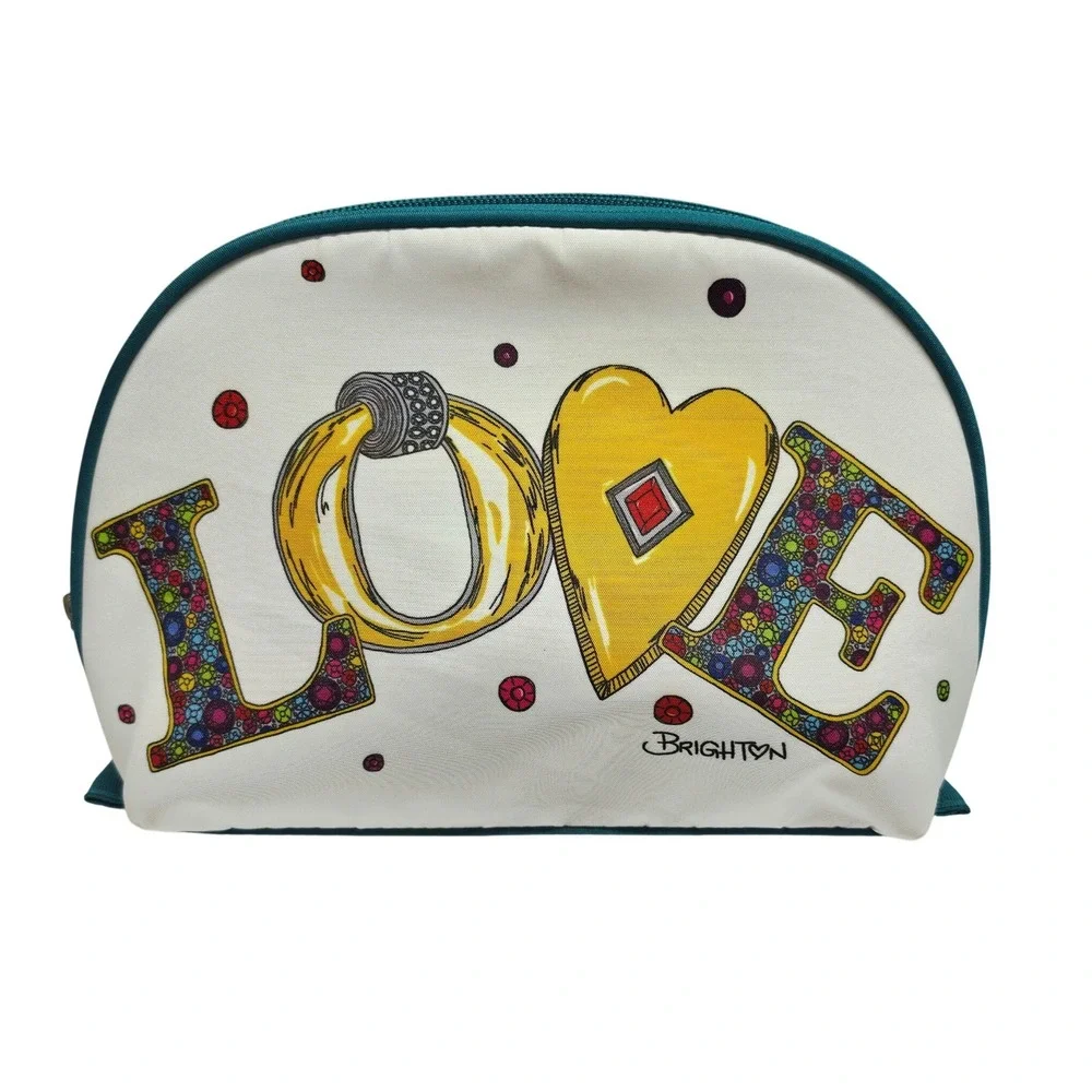 Brighton Makeup Bag Women Medium White Teal Jewelry Heart Love Leopard Print